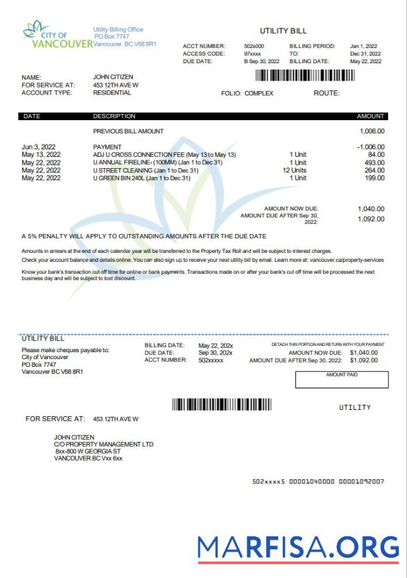 Printable Canada British Columbia City of Vancouver utility bill template in Word and PDF format